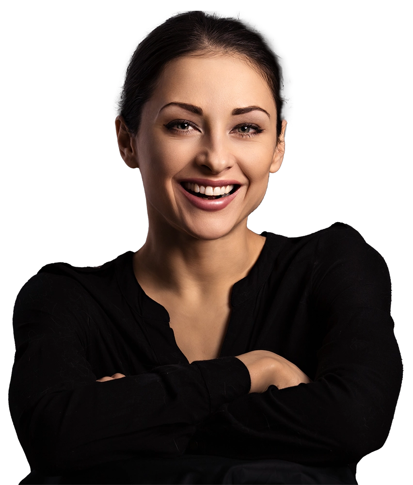 beautiful confident happy laughing business woman with folded arms