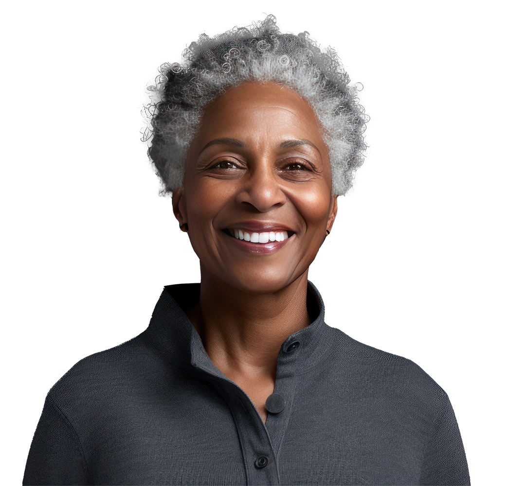 independent older woman smiling with white smile and gray hair